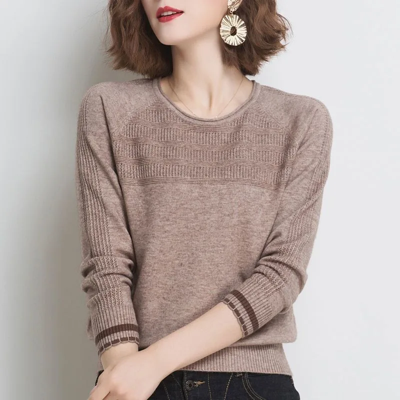 

Korean Fashion Round Neck Spring Autumn Screw Thread Solid Color Pullover Sweater Knitted Women's Clothing Elegant Commuter Tops