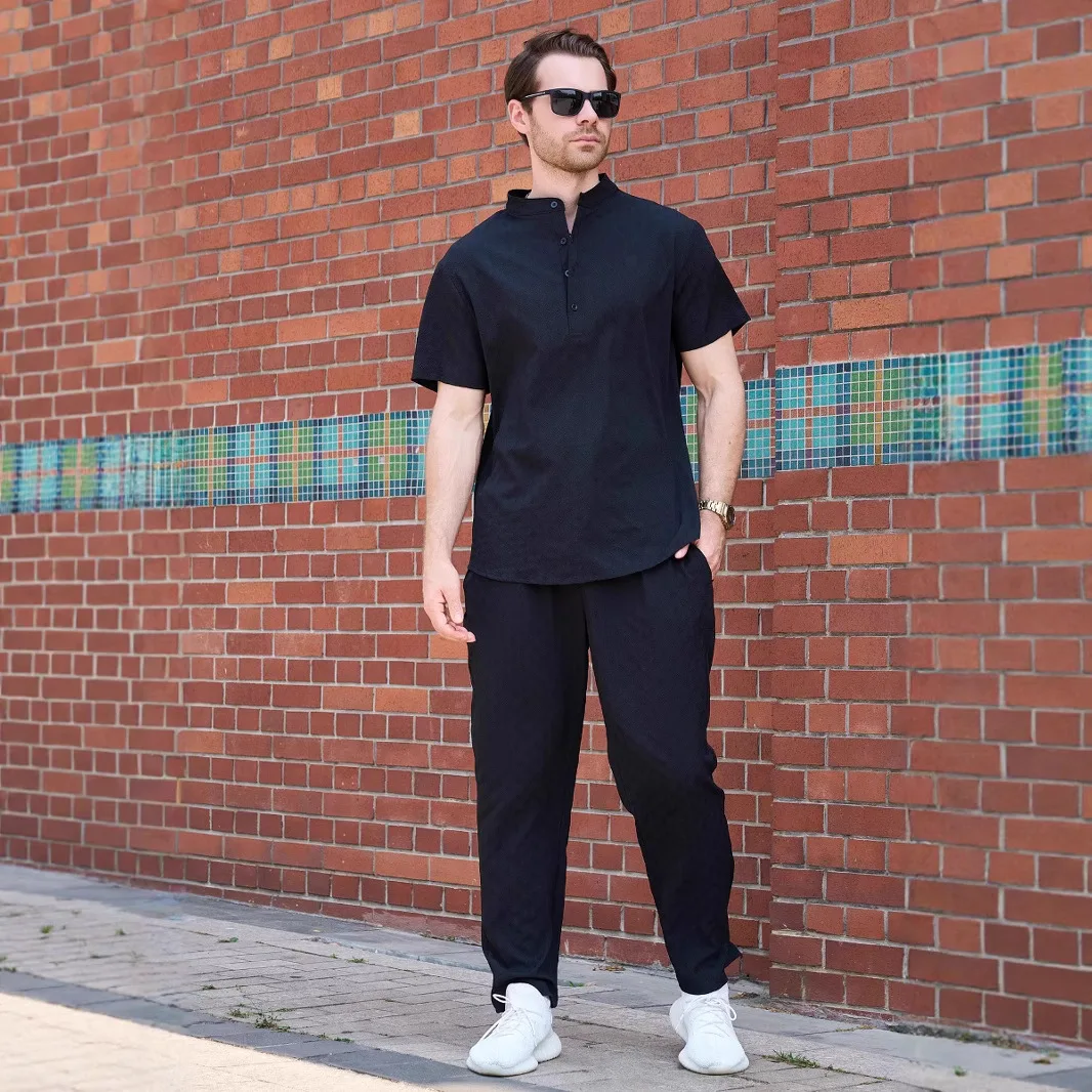 

Men's fashionable solid-color jacquard pattern two-piece outfit: Henry collar short-sleeved shirt and elastic waist pants