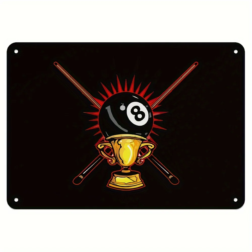 Vintage Billiard Ball Metal Tin Sign -  Retro Wall Art with Crossed Cue Sticks & Number 8 Design, Durable Plate for Home Bar, Ga