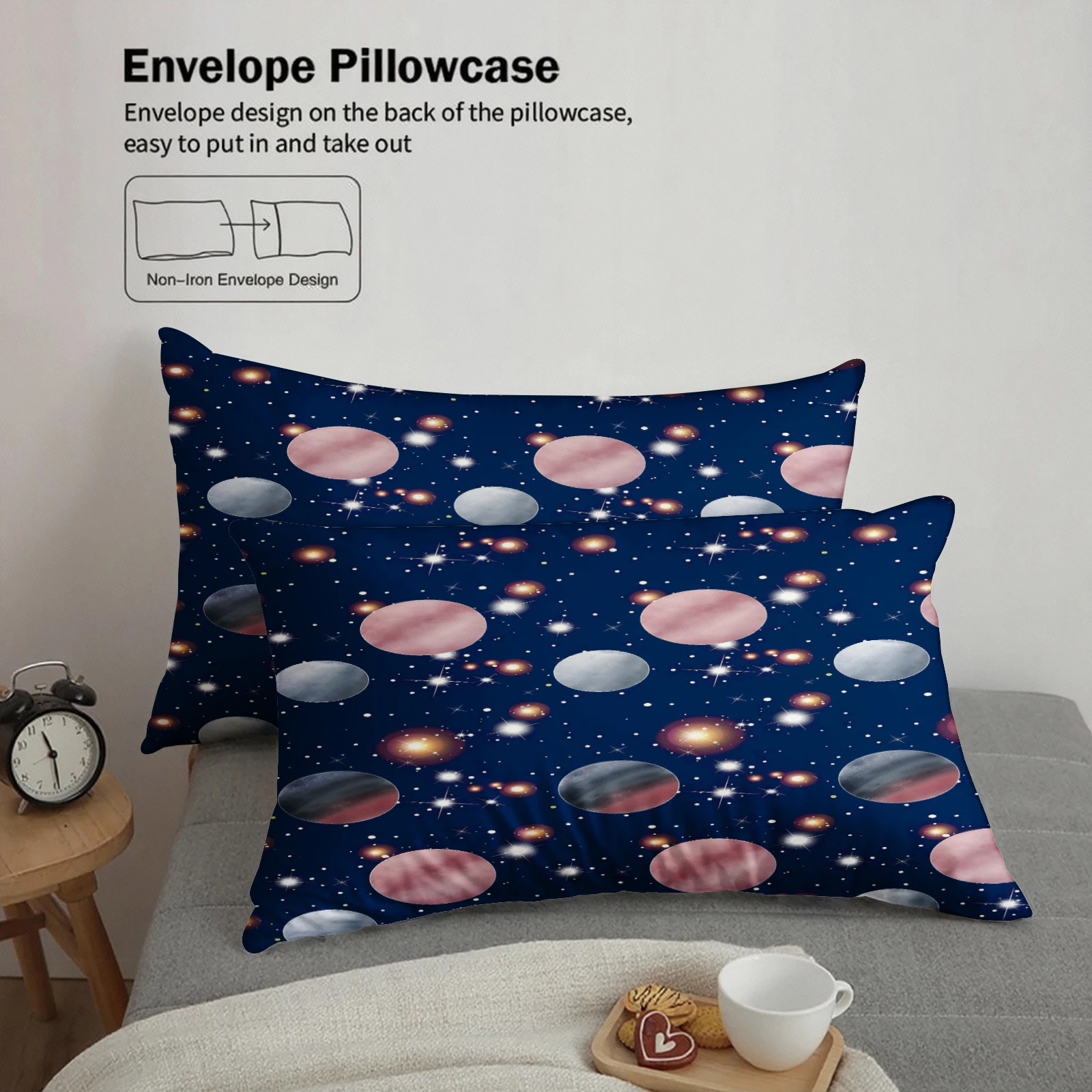 Galaxy Planet Duvet Cover Set 3Pcs Navy Blue Pink Grey Star Print Bedding 2 Pillowcases No Comforter No Sheet Single Twin Queen