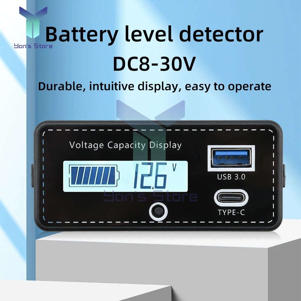 DC 8-30V Digital Battery Capacity Indicator Lead-acid Lithium Iron Tester Instrument Tool USB+Type-C Fast Charging Interface