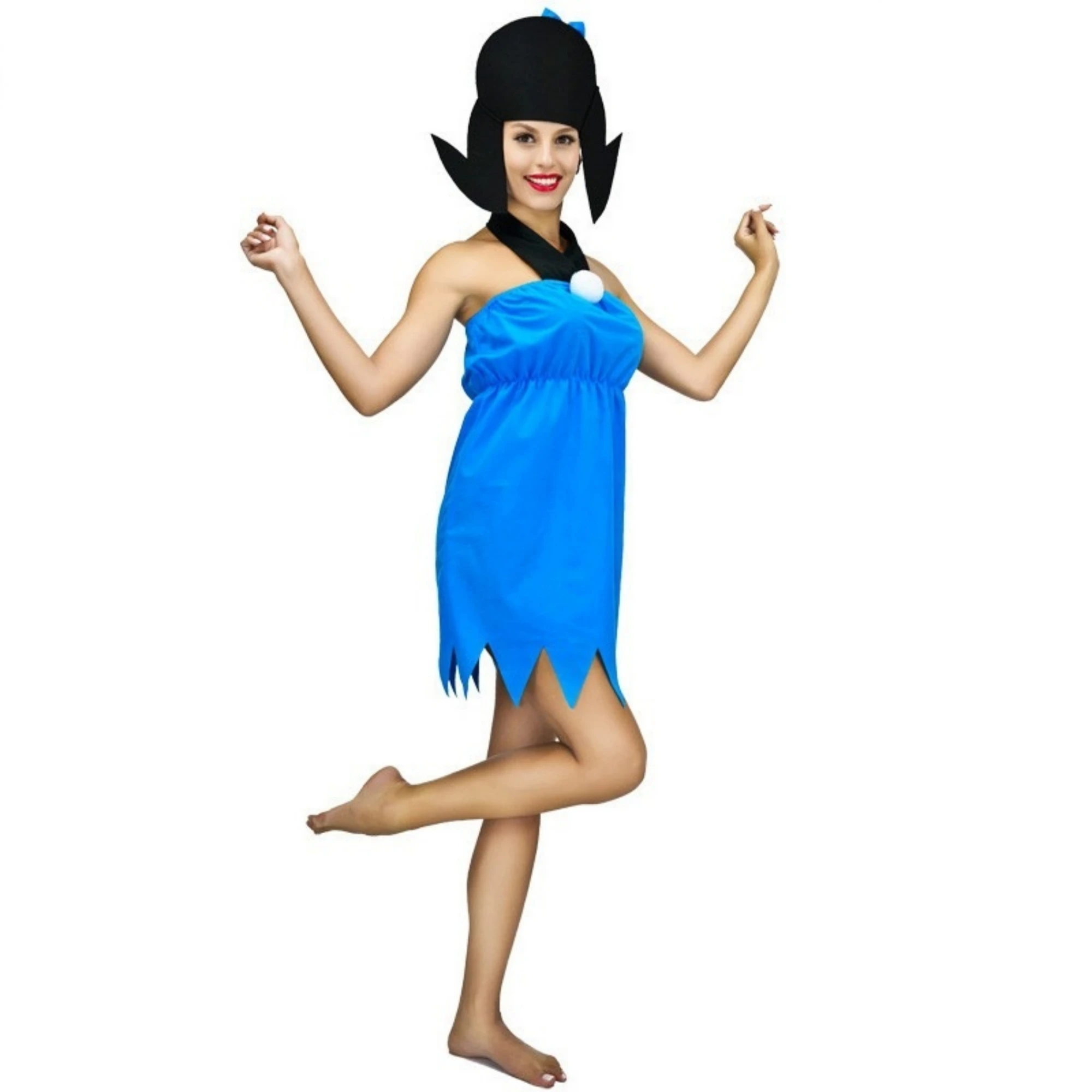 Women Blue Halter Sleeveless Dress for Betty Rubble Costume with Wig Headdress Adult Fred Flintstones Costume