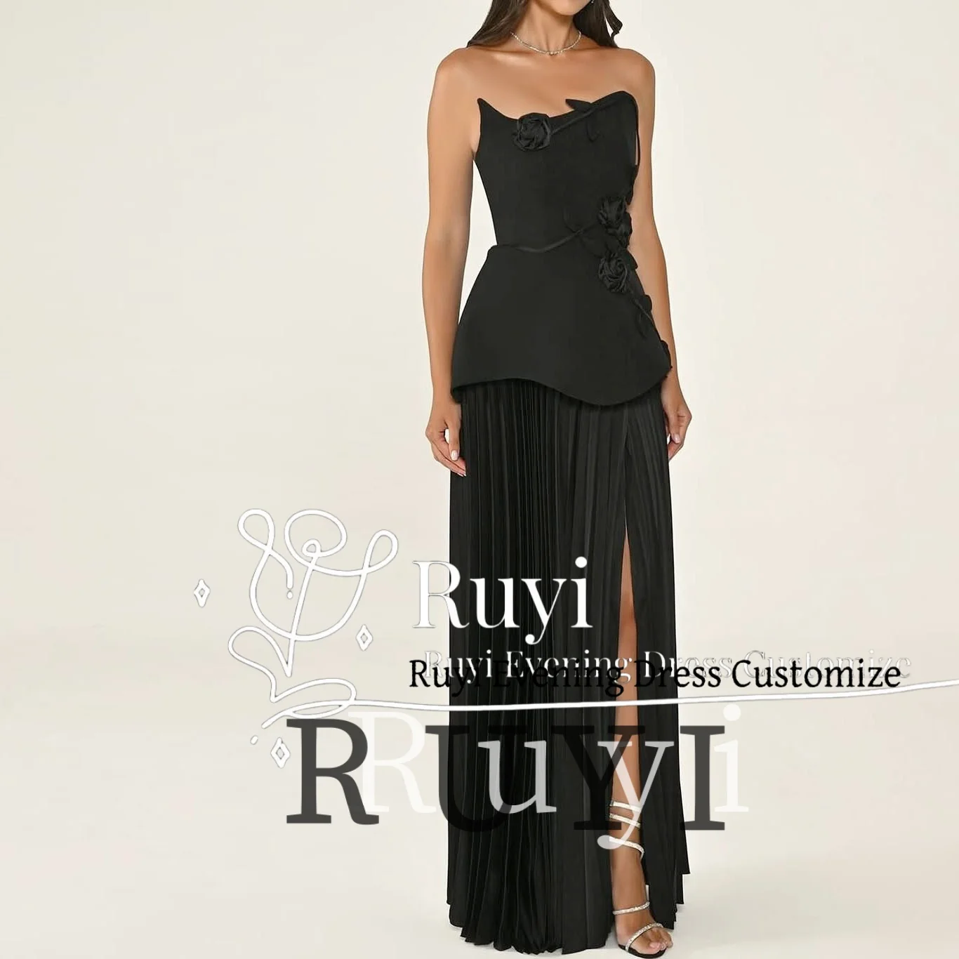 

Customized Black Strapless Flowers Evening Dresses 2025 Side Slit Pleated Wedding Elegant Party Dress Sleeveless Prom Gown