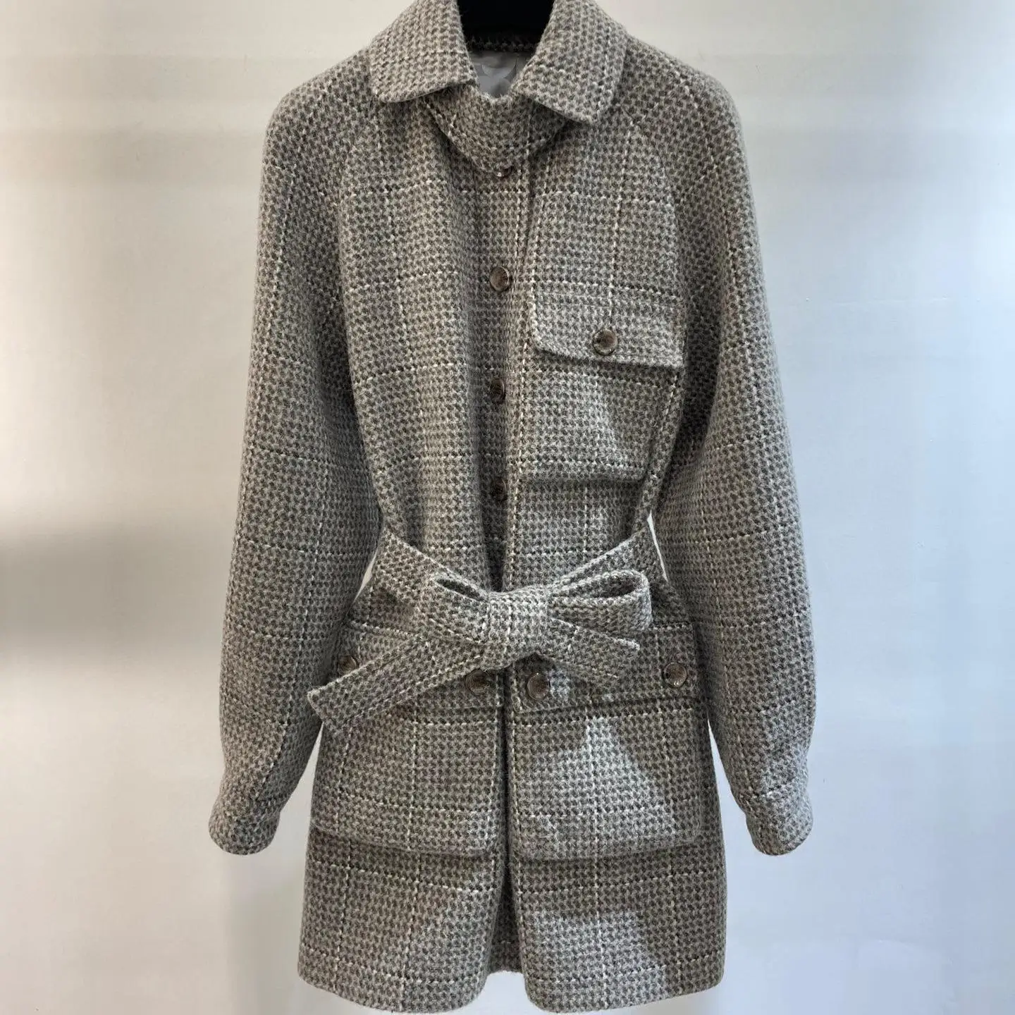 

New Women's Coat Tweed Dr Belted Midi Autumn Winter Faion Spring New Arrival A-Line Skirt Long Sve irt Collar