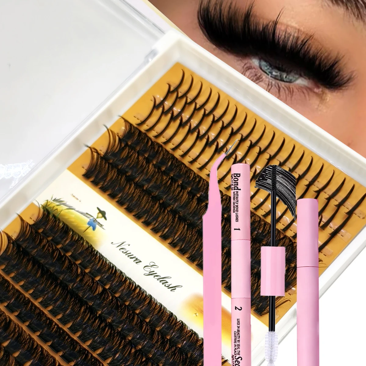 HBZGTLAD 12rows DIY Lash Extension Kit D Curl Spikes60D80D100DMIXC D with Black Waterproof Lash Bond and Seal Waterproof Tweezer