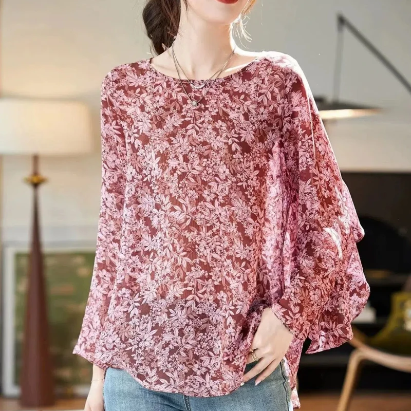 Printed Long Sleeved Round Neck Chiffon Shirt for Women in Summer Fashionable Korean Version Casual Loose and Slimming Top