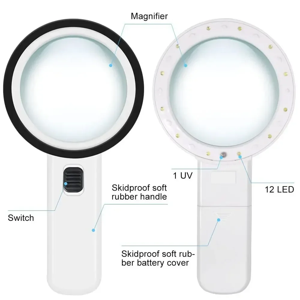 30X Illuminated Large Magnifier Handheld 12 LED Lighted Magnifying Glass for Seniors Reading Jewelry Watch Reading Loupe