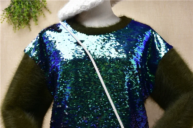female women fashion sequins hairy plush mink cashmere knitted round neck loose pullover angora rabbit hair jumper sweater pull