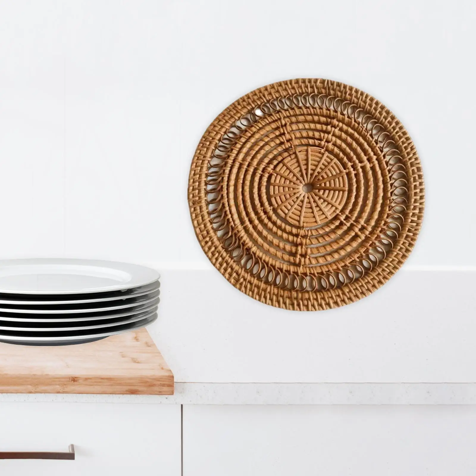 Handwoven Rattan Wall Hanging Basket Hollow Shallow Tray Decor for Farmhouse Living Room Wall