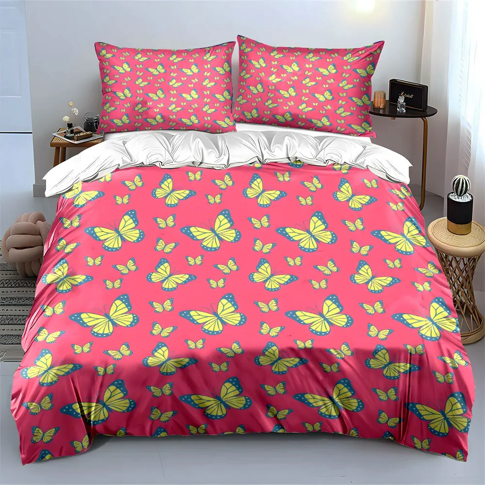 Pink background with yellow butterflies Print Bedding Set 1 Duvet Cover 2 Pillowcases for Adult Children Luxury Gift Full Size