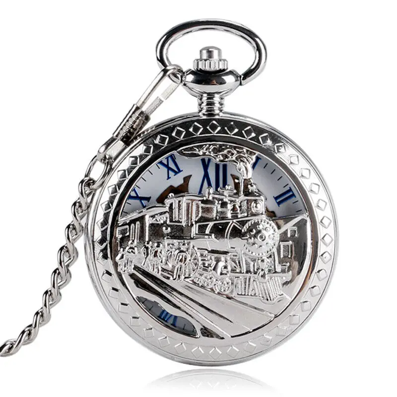 

Classic Men's Pocket Watch Chain Roman Numerals Silver Tone Train Mechanical Hand Wind FOB Watch Nice Gift