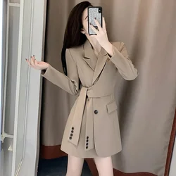 Goddess Style Double Breasted Lace Up Waist Blazers Suit Dresses Spring And Autumn Female Solid Color Long Sleeved Blazer Dress