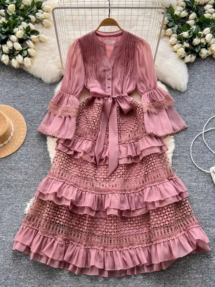 

Элегантное французское вечернее платье, женское платье с расклешенными рукавами, полые кружевные лоскутные многослойные платья, женские тонкие бандажные платья миди с высокой талией