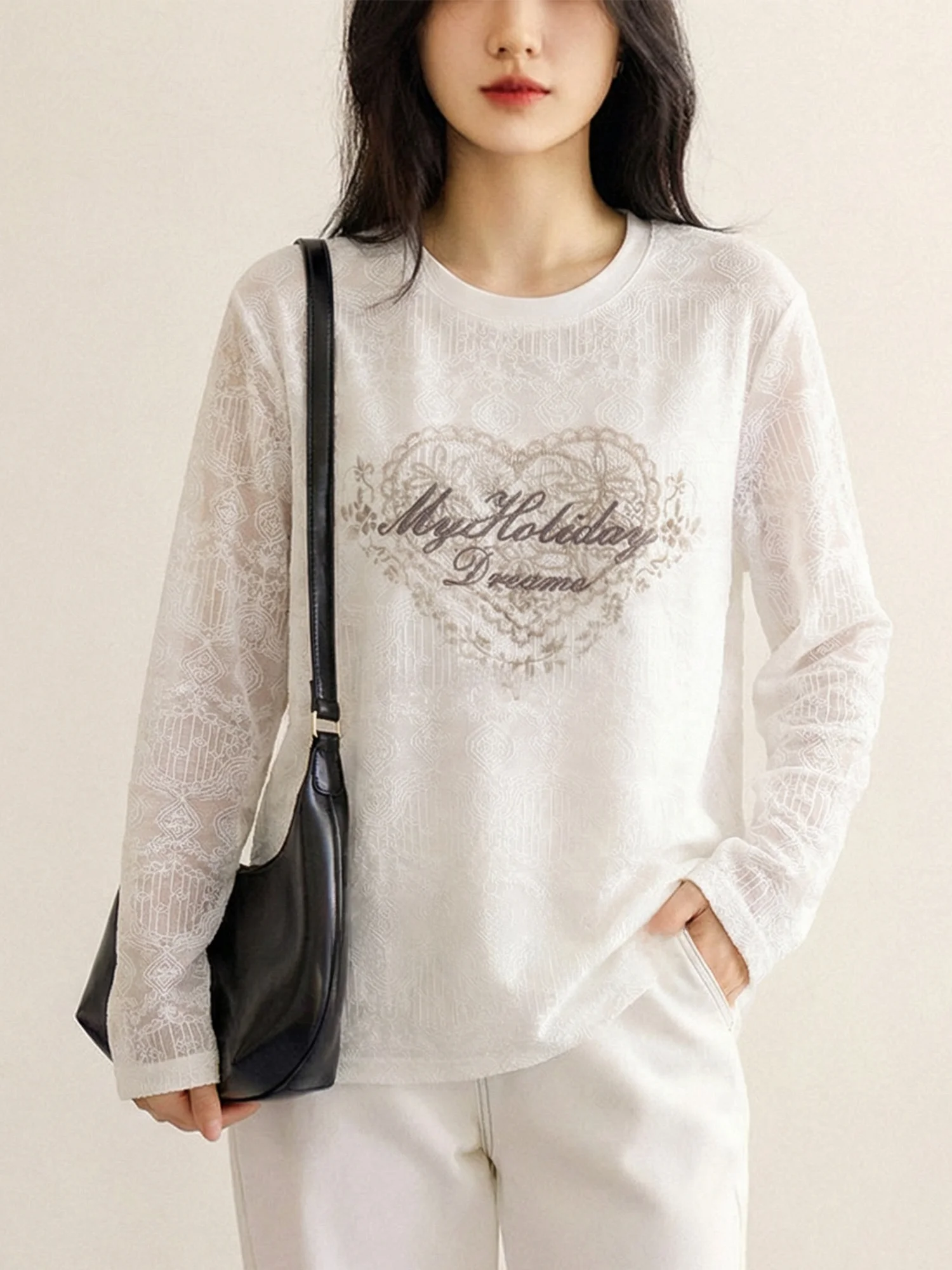 

Свободная женская футболка с длинным рукавом и кружевом, весенняя повседневная модель из полиэстера с круглым вырезом и принтом, дышащая и комфортная