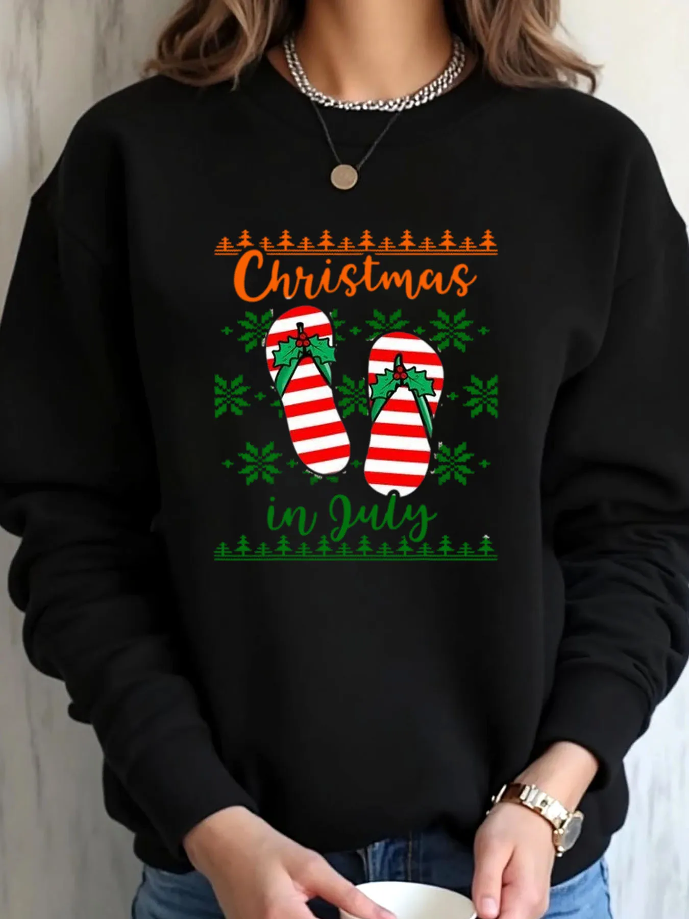 سويت شيرت نسائي كبير الحجم لعيد الميلاد في يوليو، طباعة شباشب ملابس خارجية #1