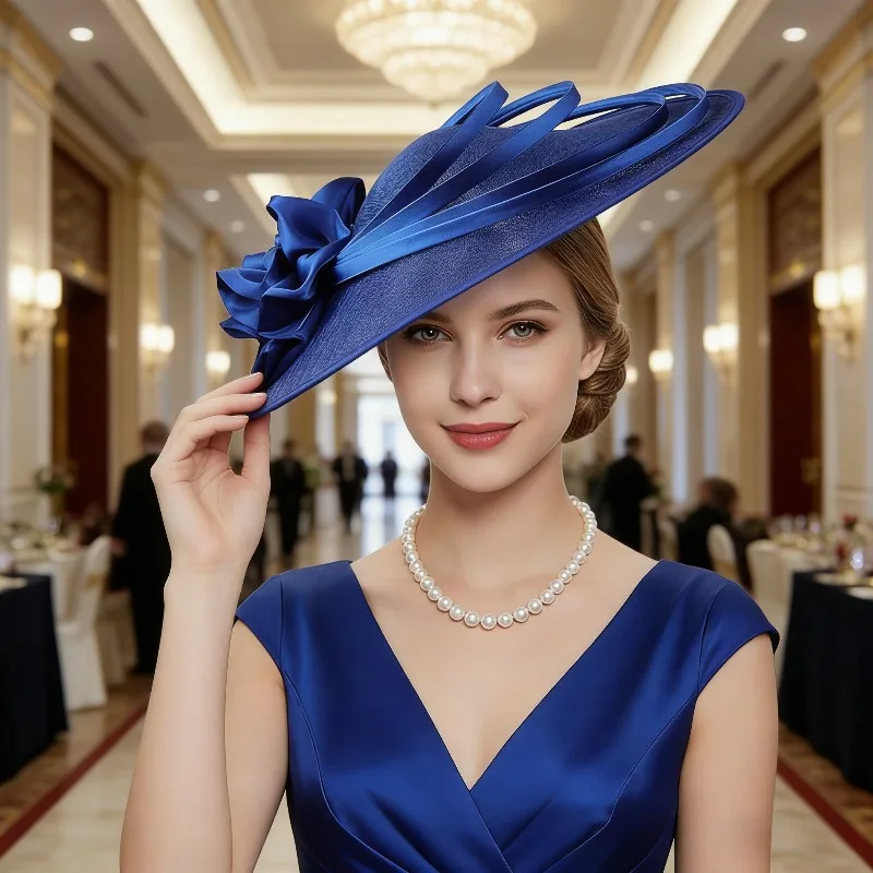 

Women's European Style Linen Wide Brimmed Hat Elegant Banquet and Horse Racing Headwear Church Stage Performance Headwear