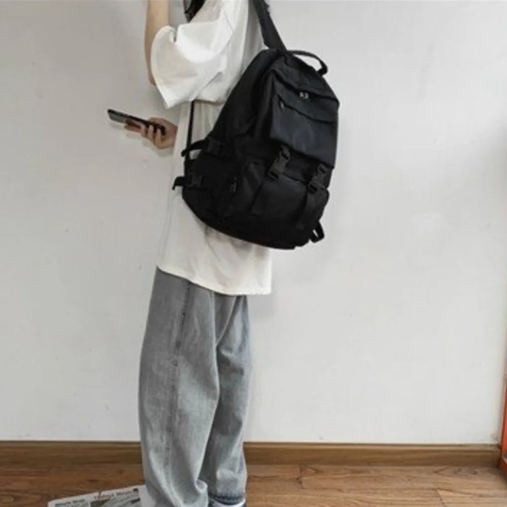 Casual Large Capacity Students Backpack Harajuku Multi Pocket Canvas School Bag Nylon Solid Color Shoulders Bag Girls Boys