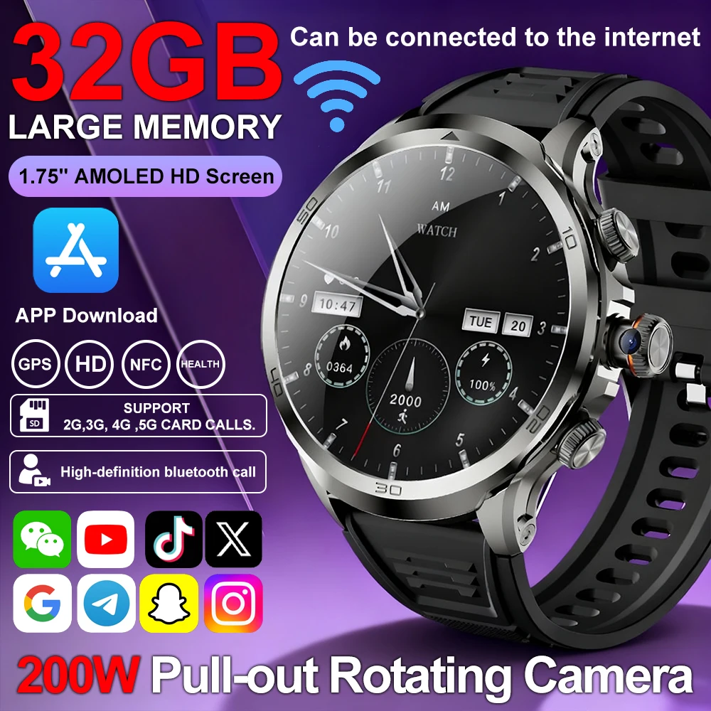 

2025 4G SIM Card Smart Watch Card 1.75''AMOLED Global Call Google Play Download APP 190° Pull Out Camera GPS WIFI Men Smartwatch
