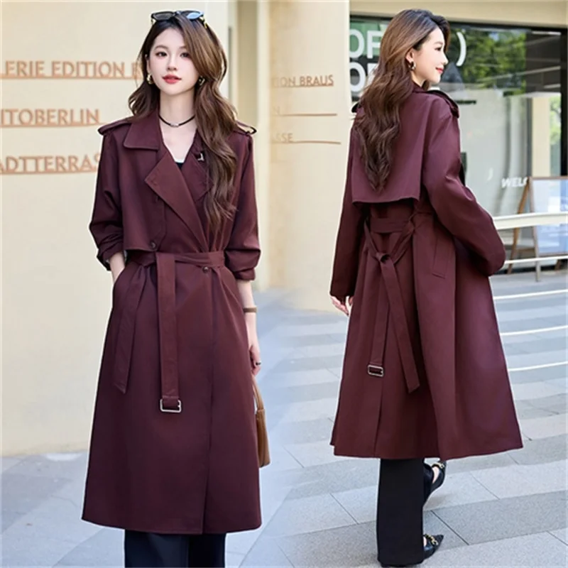 

2026 Fashion Angora-red Trench Coat Women's X-long Windbreaker Streetwear Outerwear Spring Autumn Sashes Casual Loose Overcoat