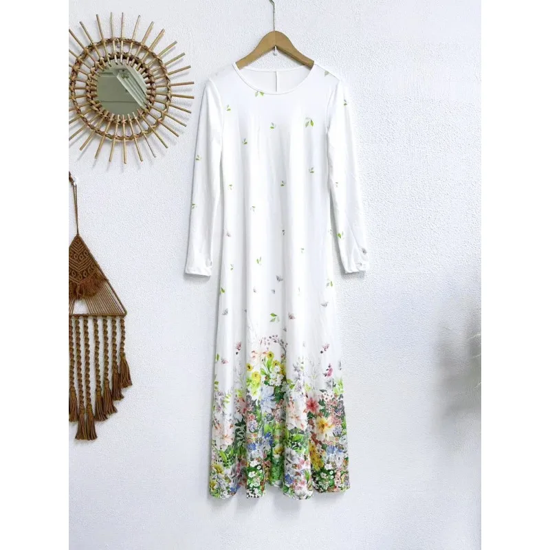 Spring and Summer New Style Elegant Floral Print Casual Long-sleeved Dress Fashionable Loose Ankle Dress