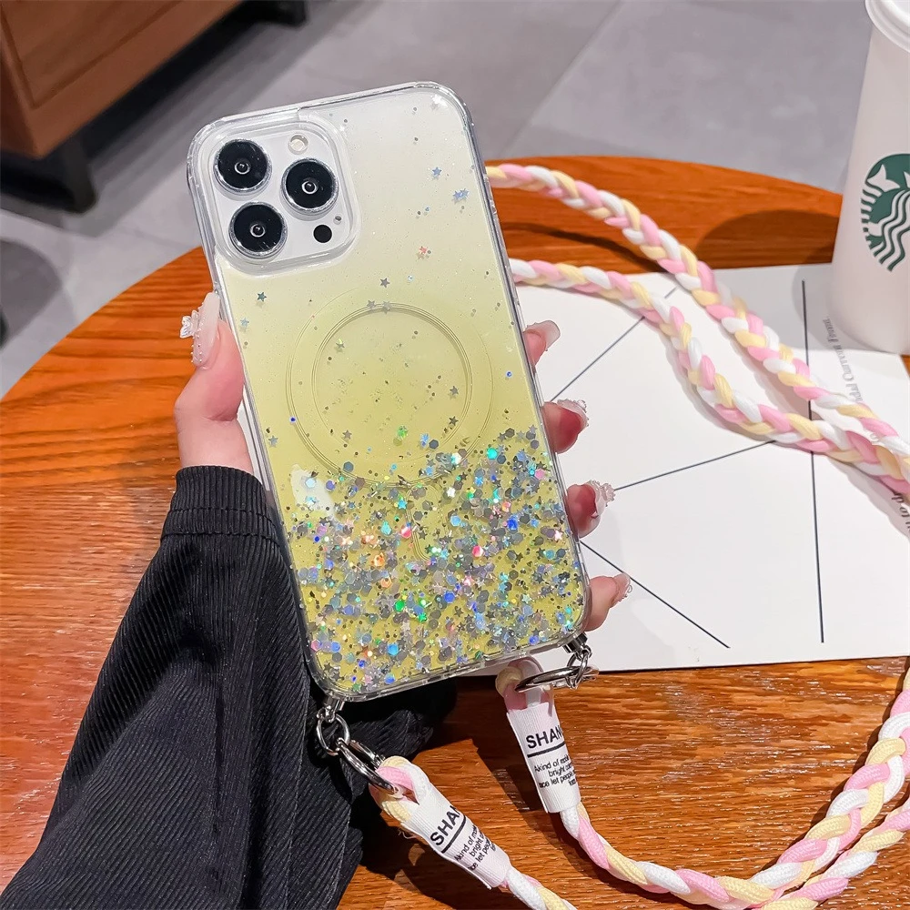 Crossbody lanyard gradient glitter magnetic phone case for iPhone 17 16ProMax transparent silicone case for Apple 14 12 13 11 15