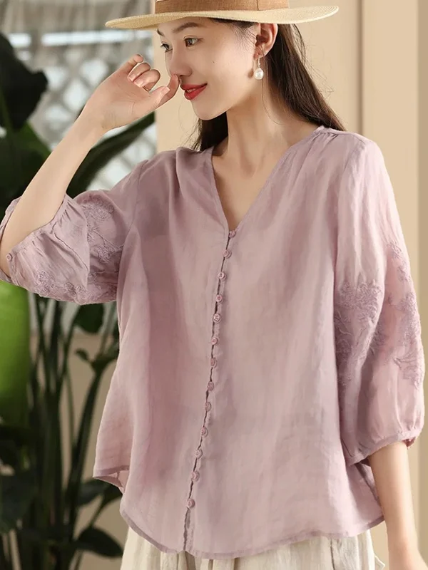 

Ретро V-Ne ort Sve Женский летний топ свободного кроя из смеси хлопка с вышивкой и пуговицами в китайском национальном стиле