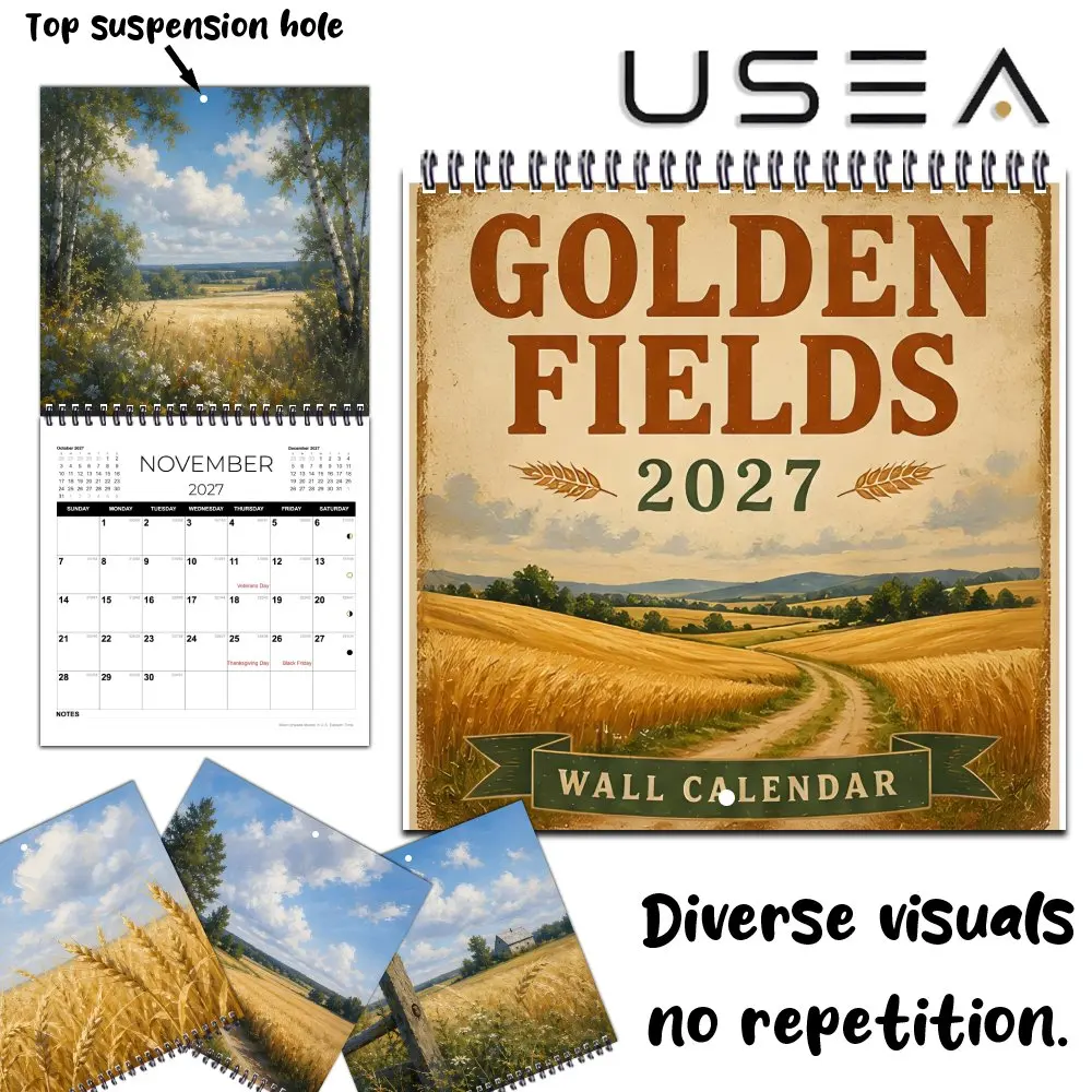 2027 Wall Calendar,Monthly Planner, Rustic Golden Fields Themed,US Federal Holidays & Moon Phases, Christmas New Year Gift