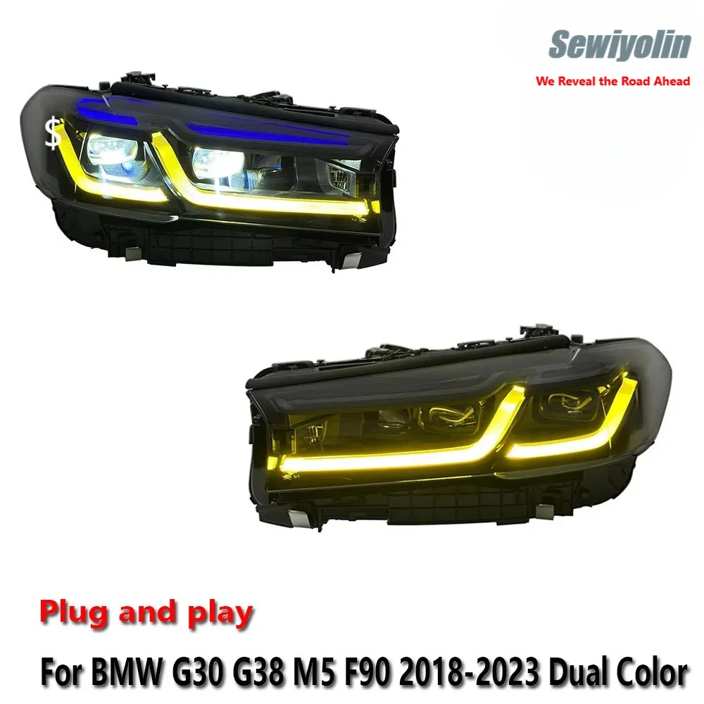 

Светодиодные фары для BMW G30 G38 M5 F90 2018-2023, двухцветные, с функцией противотуманных фар, дневных ходовых огней, стоп-сигналов и указателей поворота, установка Plug and Play