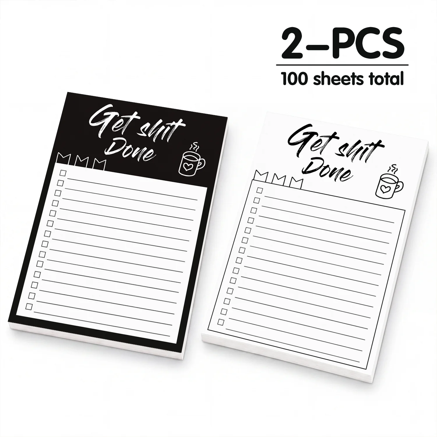 2Pcs To Do List Sticky Notes, 100 Sheets Black and White Checklist Self Stick Memo Pads, Rectangular Lined Notepad