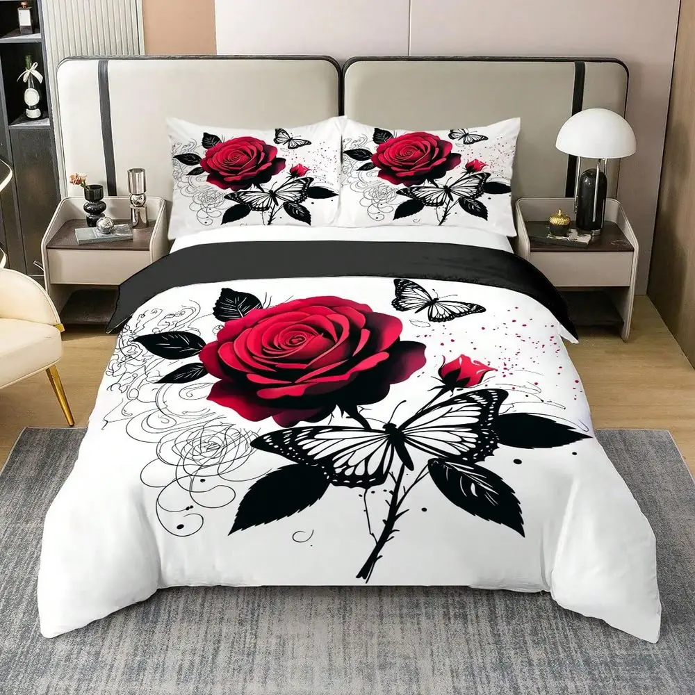 

Duvet Cover Set, 1 Duvet Cover 2 Pillowcase, Without Core Red Rose Flowers Beautiful Petals Love Black And White Butterfly Stri