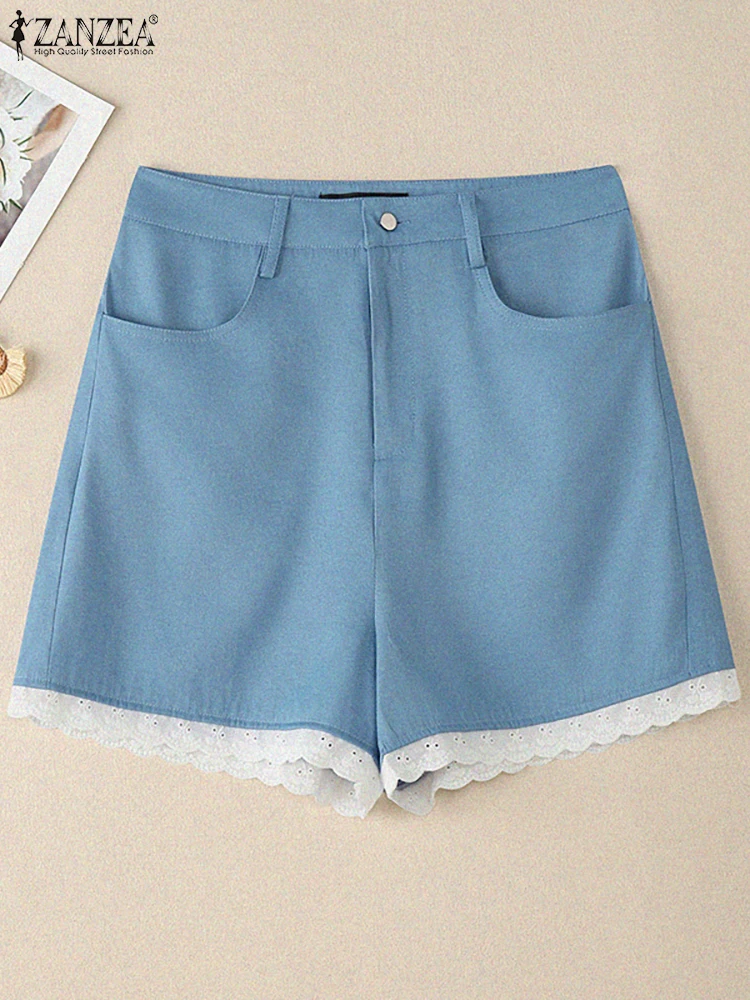 

Женские шорты с кружевной отделкой, модные джинсовые однотонные короткие брюки на молнии ZANZEA, лето 2022, повседневная повседневная одежда, женские штаны
