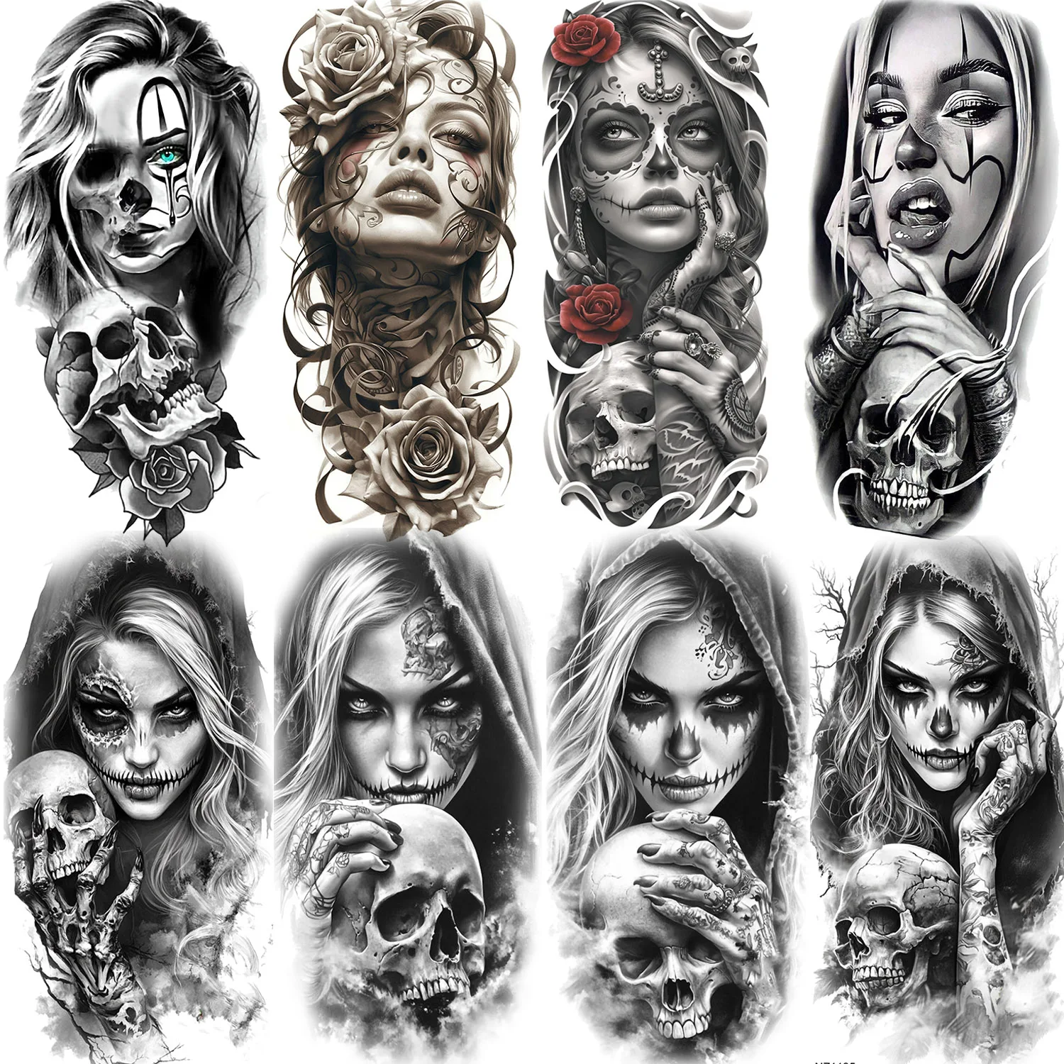 1 Sheet Waterproof Women Face Temporary Tattoos Realistic Evil Witch Girl With Skull Fake Tattoo Sticker Arm Leg Body Art Tatoos