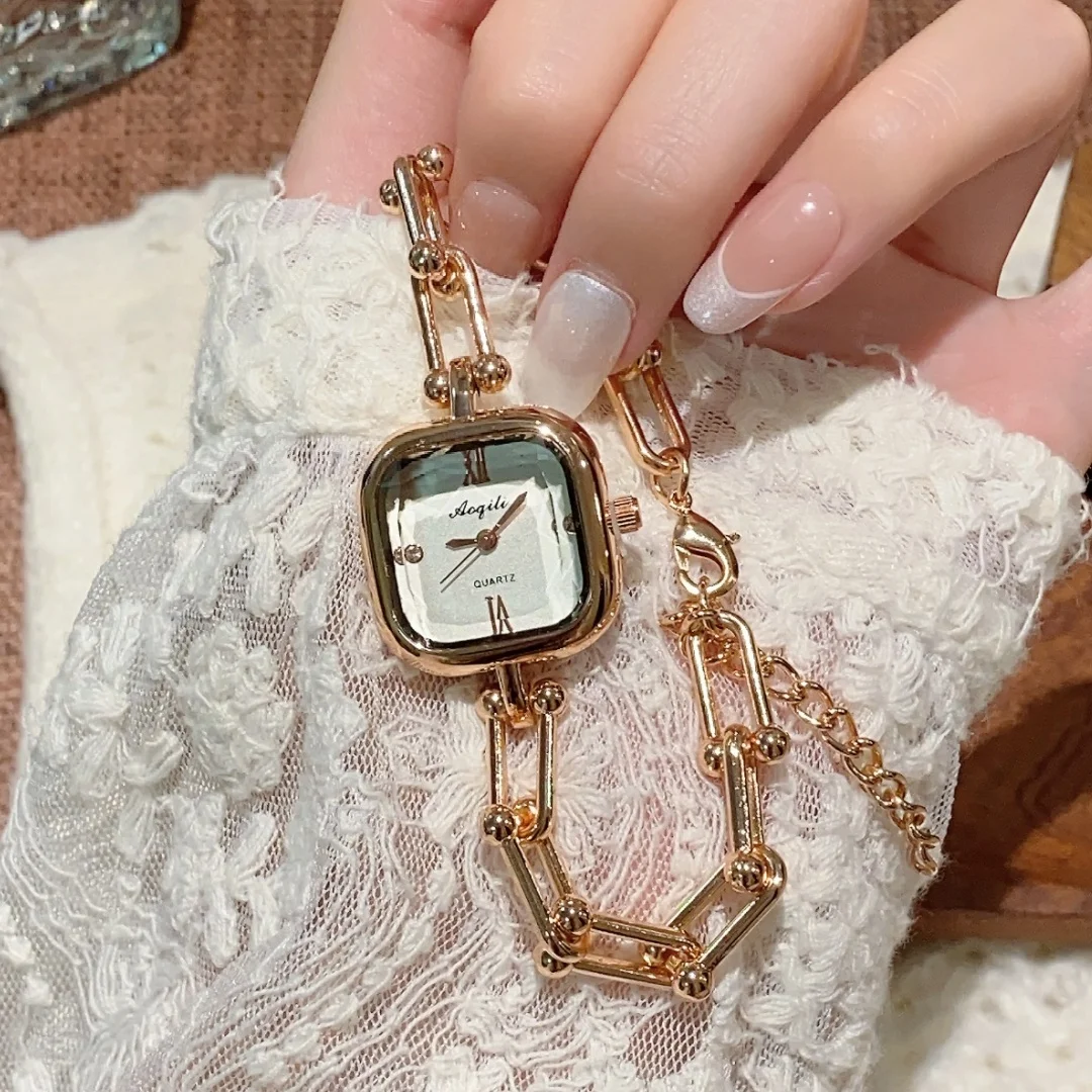 Nova senhora pulseira relógio de ouro para mulheres mostrador quadrado moda quartzo relógio de pulso presente atacado relógio feminino reloj mujer