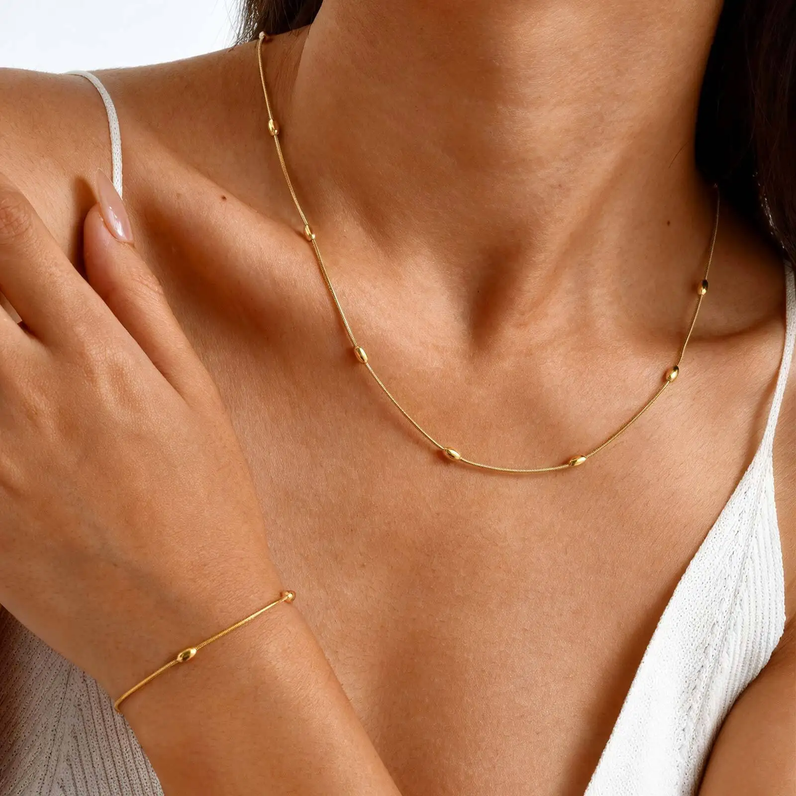 

Dainty Chain Bracelet for Women, 18K Gold Plated Thin Satellite Beaded Wristband Stack Jewelry Waterproof