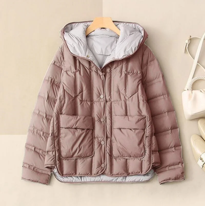 2025 hiver femmes 90% duvet de canard blanc manteau femme col montant simple boutonnage doudoune décontracté ample à capuche Parkas