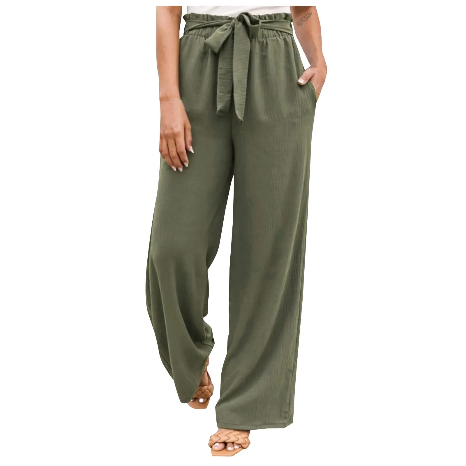 

Loose Casual Flare Long Pants Wide Leg Straight Lace Up Trouser Solid Color Elastic High Waist Baggy Harem Beach Pants With Belt