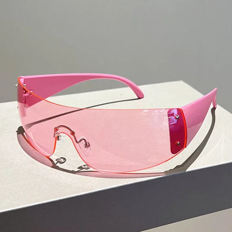 

Y2K Rimless Brand Designer Sunglasses Women For Men 2023 One Piece Trending Luxury Sun Glasses Rivet Steampunk Pink Shades UV400