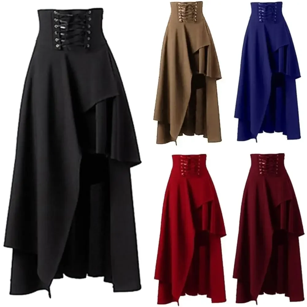 

Steampunk Vintage Bandags Skirts Women Gothic Clothing Solid Color Lace Up High Waist Irregular Maxi Skirt Fashion Casual Skirt