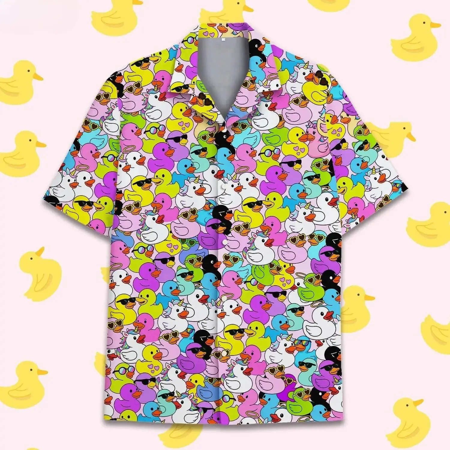 Family‑Matching Men's Short‑Sleeve Button‑Down Hawaiian Shirt, Fun Rubber Duck Print Casual Camp Collar Vacation Top for Women