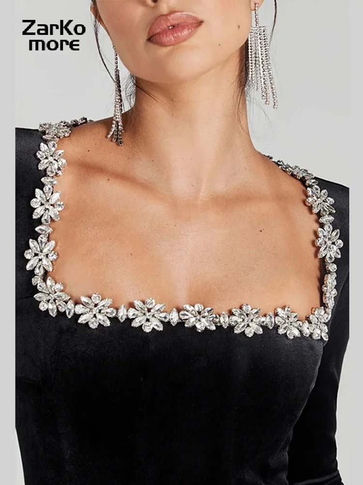 Square Collar Diamond Women Jumpsuit Solid High Waist Female Jumpsuits 2025 Fashion Sexy Slim Long-sleeved Lady Party Rompers