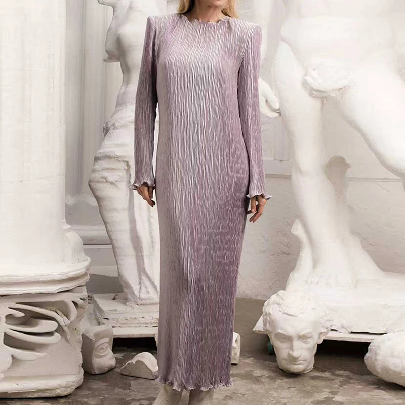 س الرقبة طويلة الأكمام بلون الربيع فستان كاجوال موضة المرأة مطوي سبليت فستان الحفلات مكتب بسيط فضفاض رداء فساتين