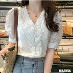 2023 New French Style Cotton White Lace Tops Blouses Cute Girls Office Lady Single-Breasted Button Shirts Chic Korea Clothes