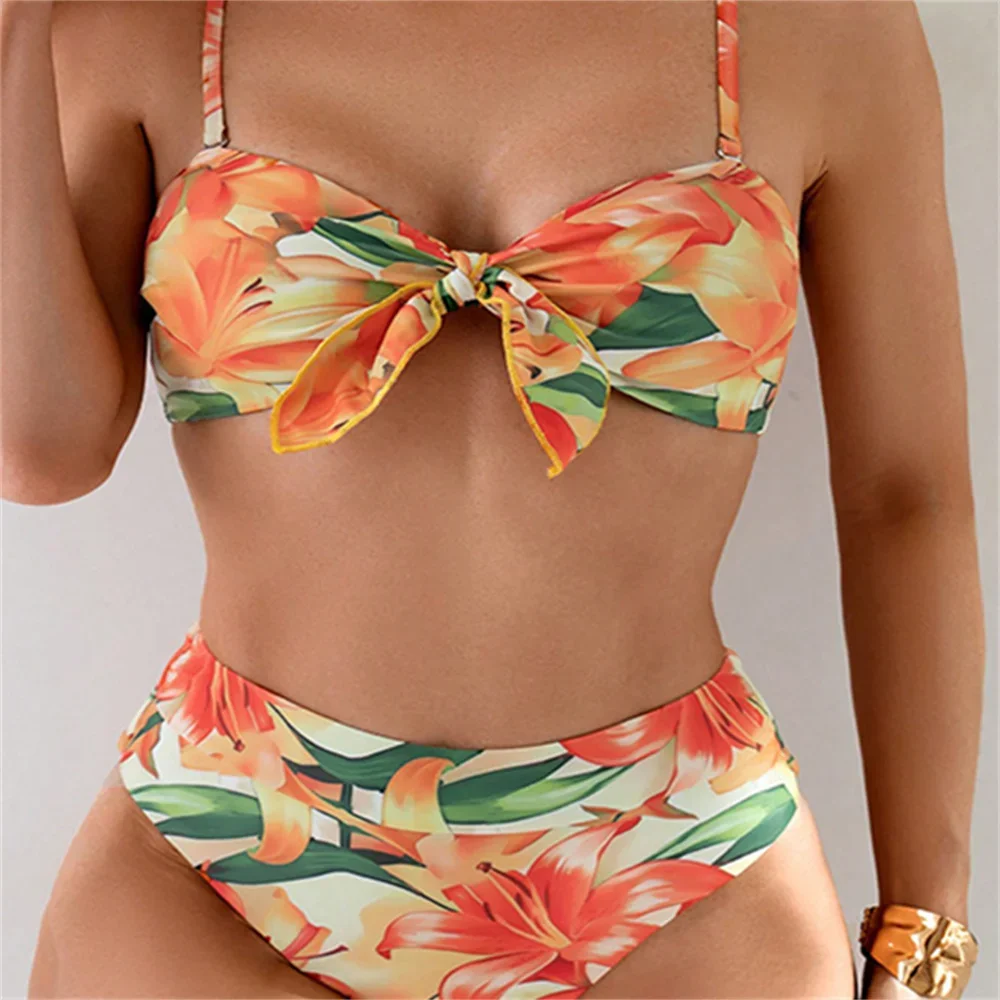 

Sexy Floral Swimsuit Knotted Sling Bikini Push Up Y2K Print Vacation Swimwear Women Bathing Suit Summer Outfit Beach Bikinis Set