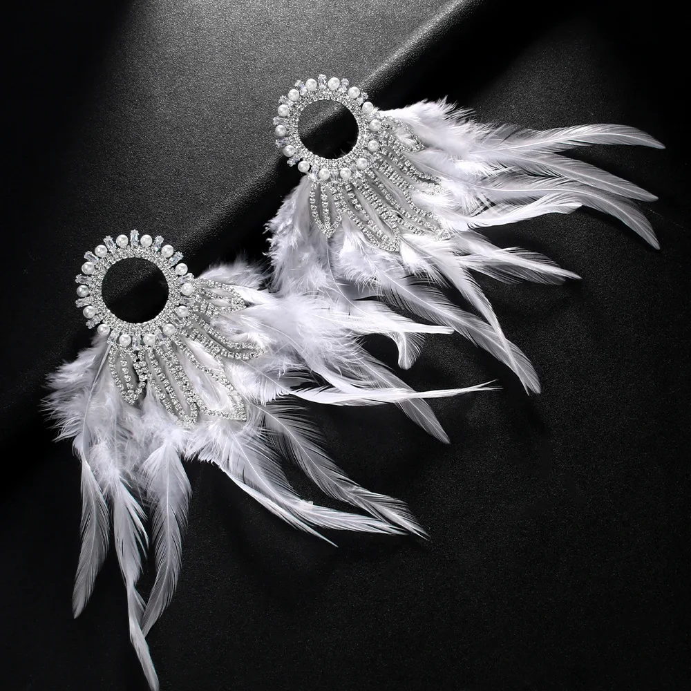 Stonefans Bohemian Earrings for Women Luxury Designer Piercing Rhinestone Fashion Wedding Bride Feather Exaggerated Earrings