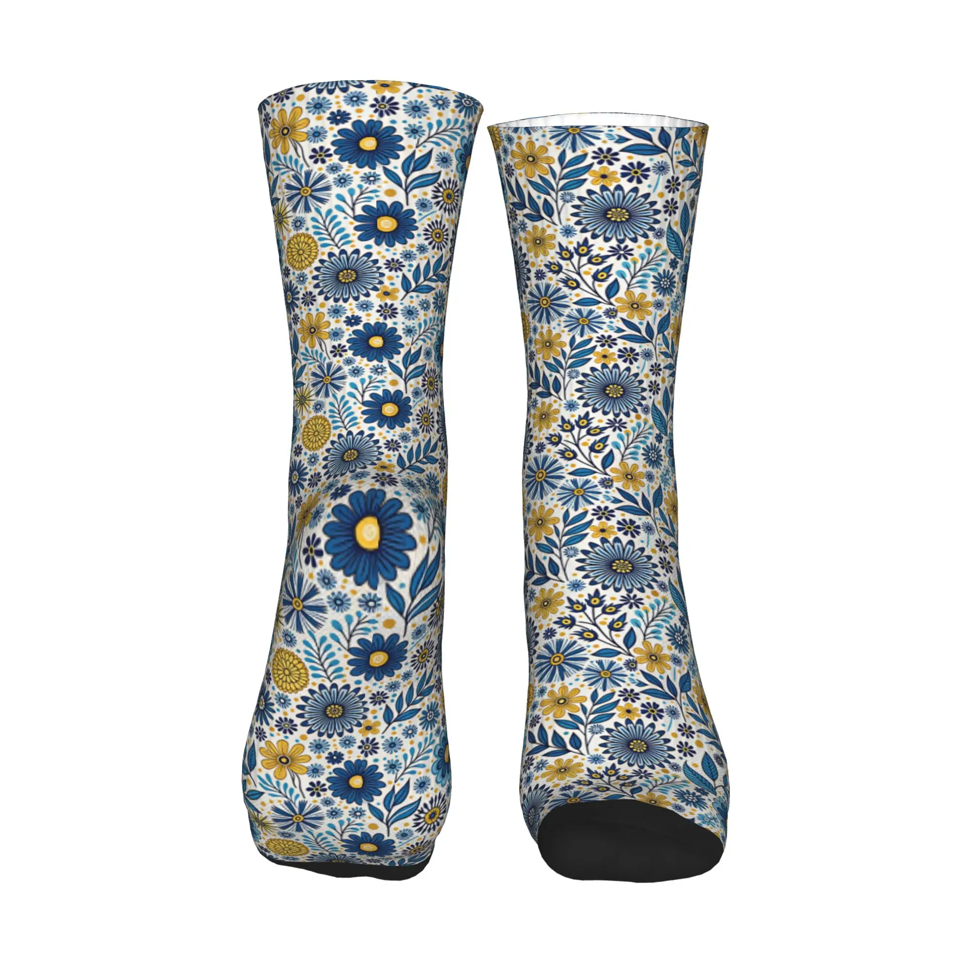 Kawaii Men's Folk Art Talavera Blue Yellow Daisy Floral  Dress Socks Unisex Breathbale Warm 3D Printed  Crew Socks view 2