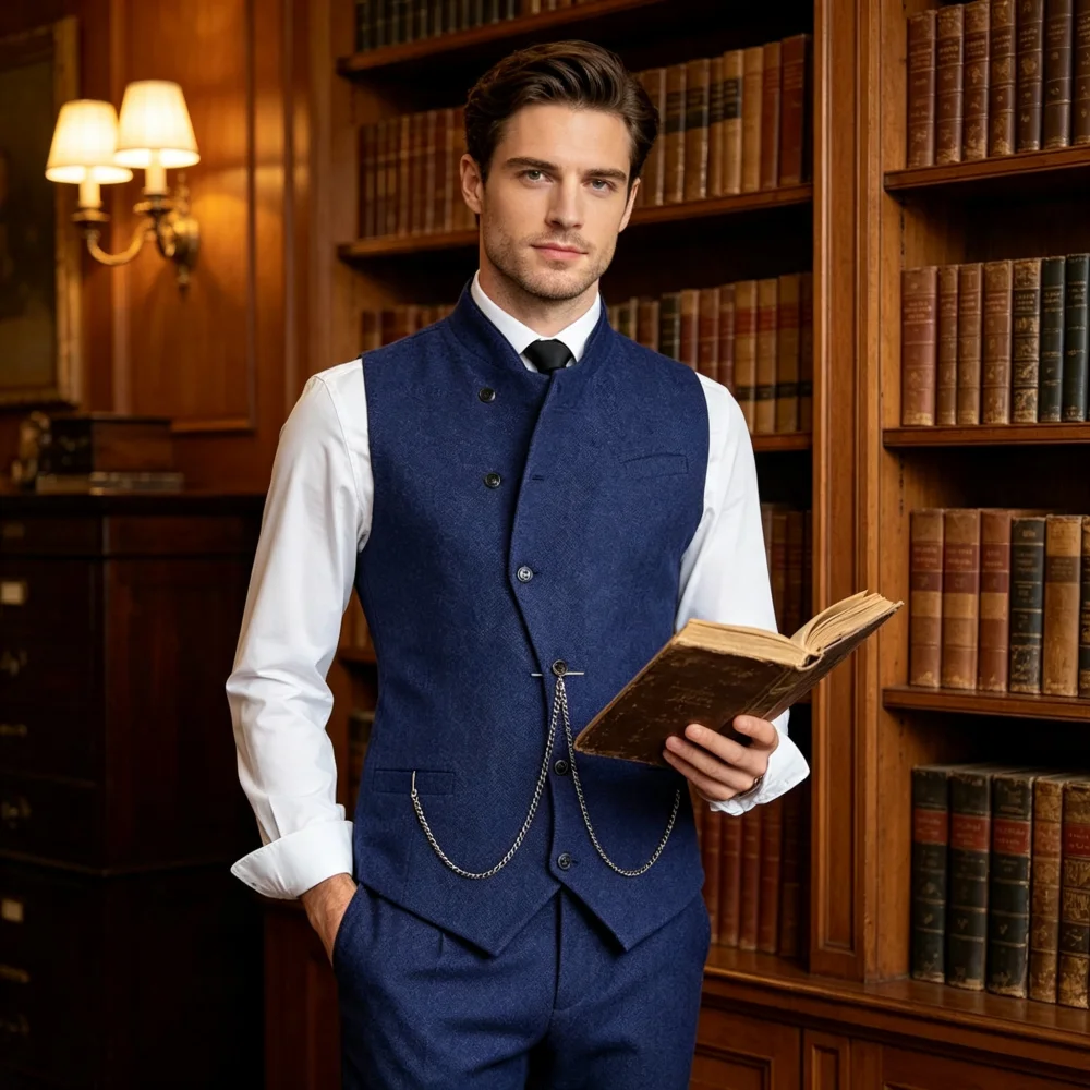 Men's  Vintage Stand Collar Waistcoat Herringbone Tweed  Irregular Single Breasted  Formal Business Wedding Men's Vest