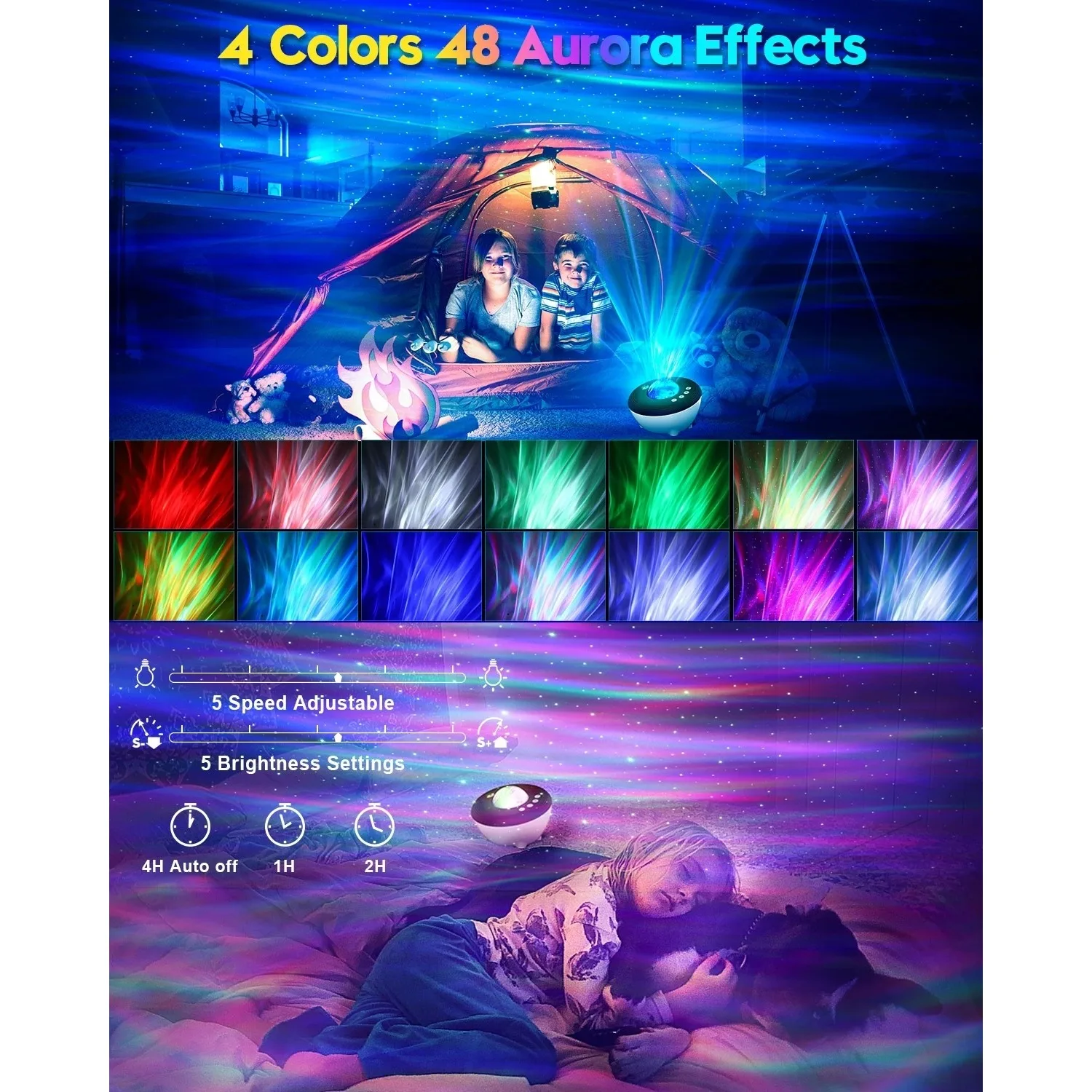 جهاز عرض أورورا ستار لايت جالاكسي لغرفة النوم، جهاز عرض أورورا ستار الذكي مع تطبيق عن بعد، مكبر صوت أليكسا ليلي للأطفال والكبار