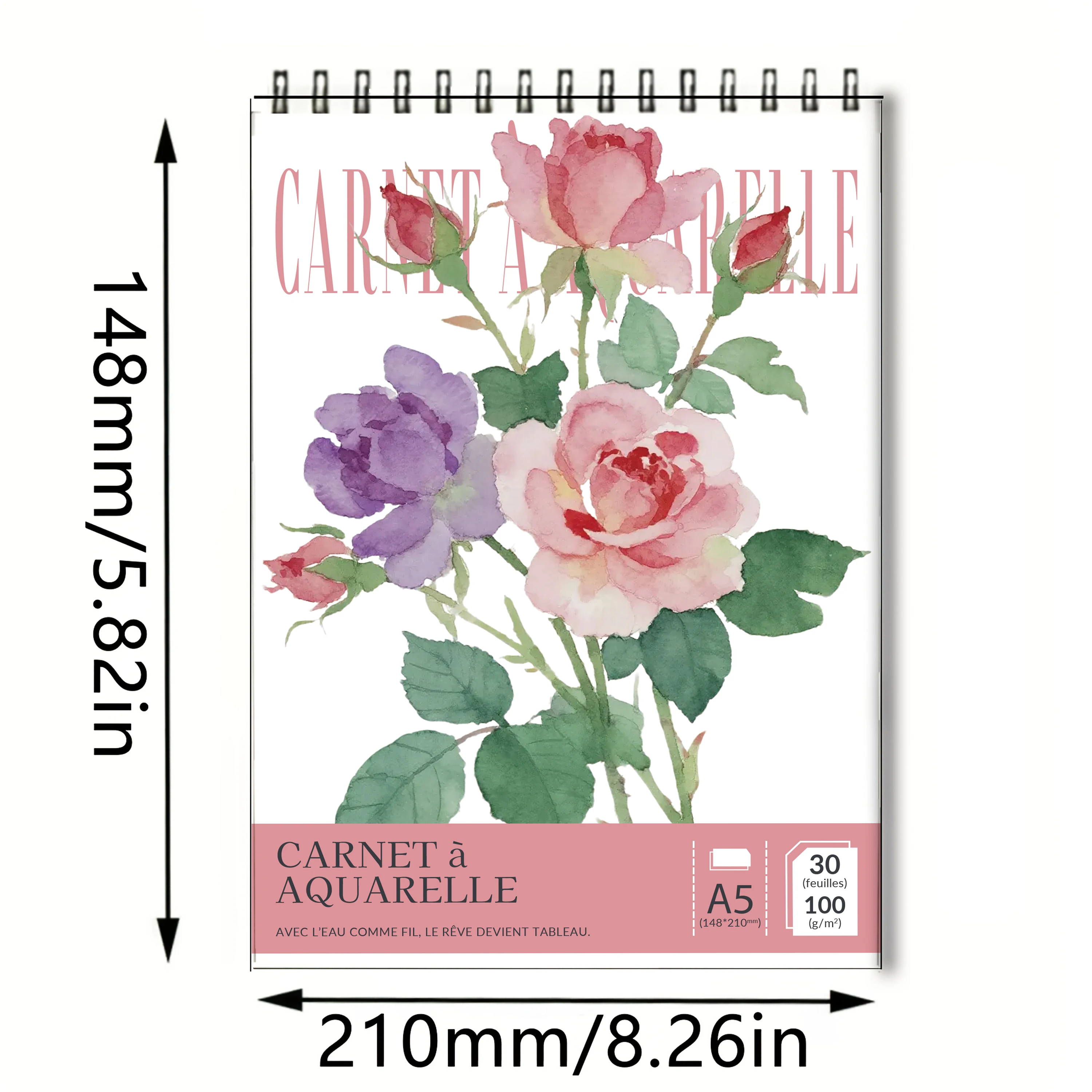 Spiral Bound Watercolor Sketchbook, A5 Size 300GSM Heavyweight Acid-Free Paper, Watercolor Pad with Pink & Purple Rose Floral Co