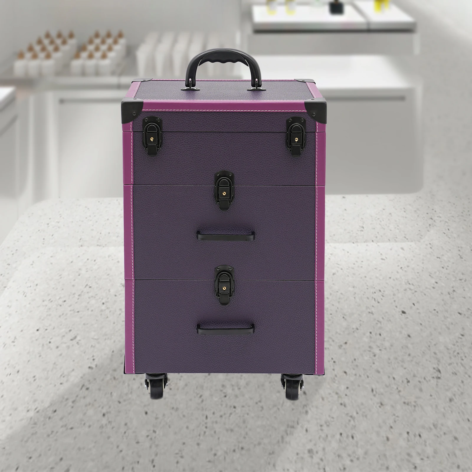 Large Capacity Makeup Train Case with 45 Slots, Removable Clear Bag, Two Drawers for Hair Tools, Silent Wheels and Telescopic