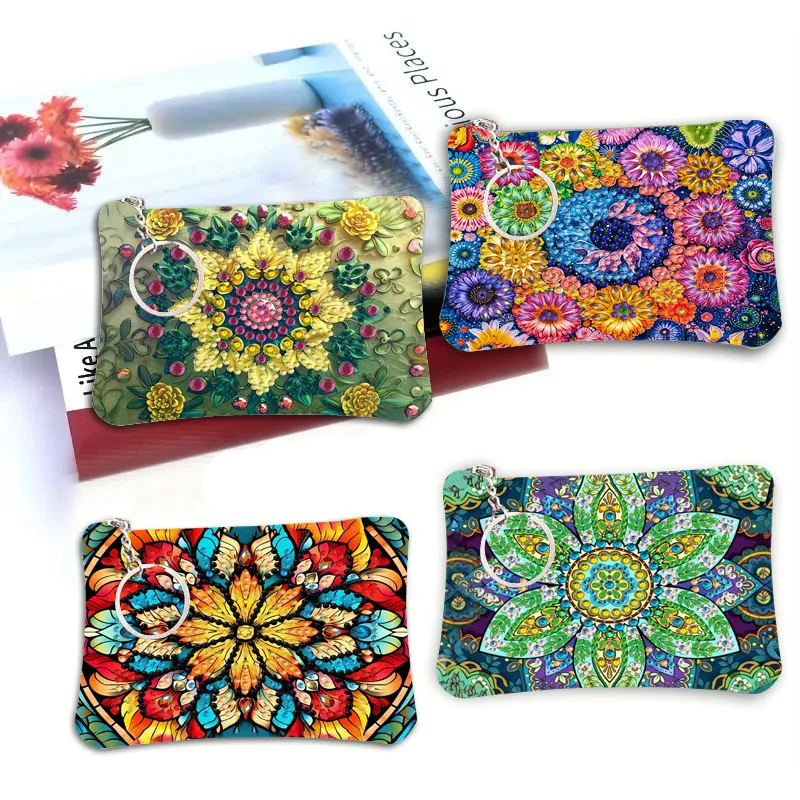 

1 набор алмазной живописи «сделай сам», мини-модная и элегантная маленькая сумка из искусственной кожи в цветочном стиле мандалы, женский кошелек для монет